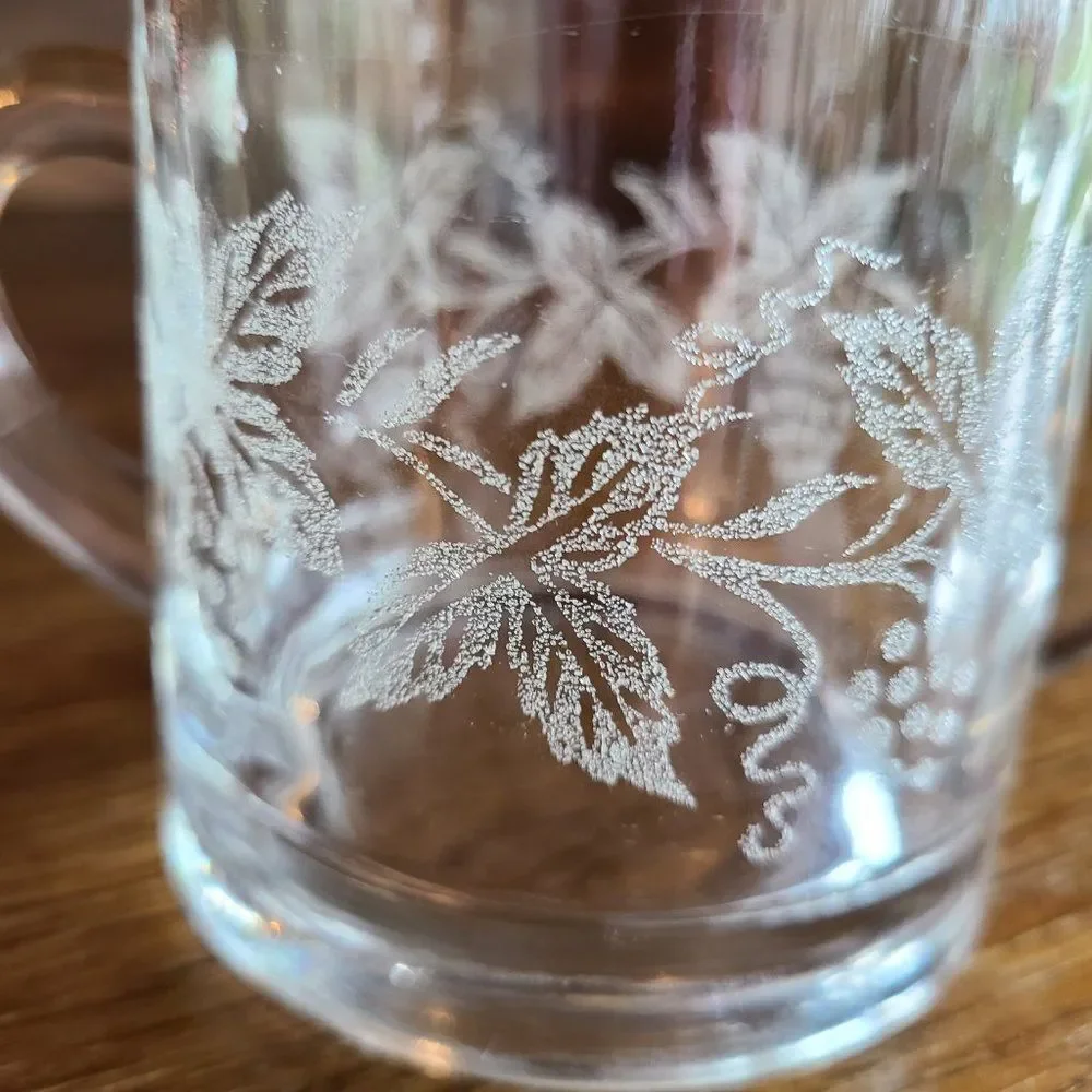 Vintage 50s Clear Glass Sugar Bowl Acid Etched With Grapes, Vine And Leaf Design